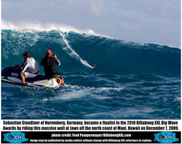 Sebastian Steudtner rides a massive wave at Jaws, Maui