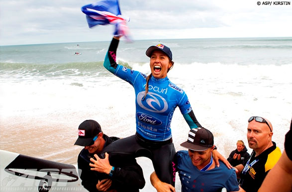 Sally Fitzgibbons celebrates Rip Curl Pro Bells Beach 2011 win