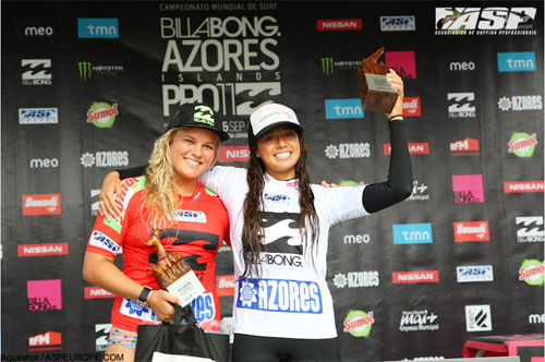Malia Manuel holds up the Billabong Girls Azores Islands Pro trophy