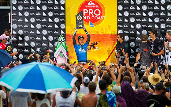 Filipe Toledo celebrates winning the Quiksilver Pro Gold Coast.