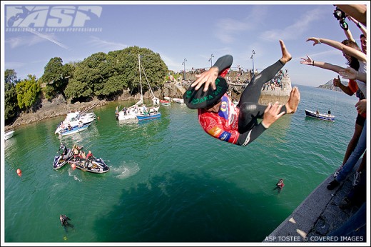 Bobby Martinez being thrown off the harbor wall after his victory
